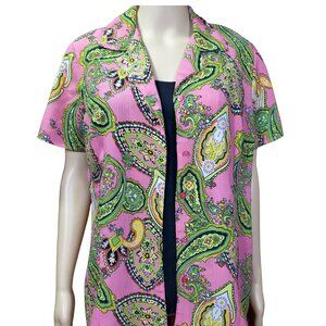 Paisley Button-Up Blouse | Pink Multi | Attached Black Camisole